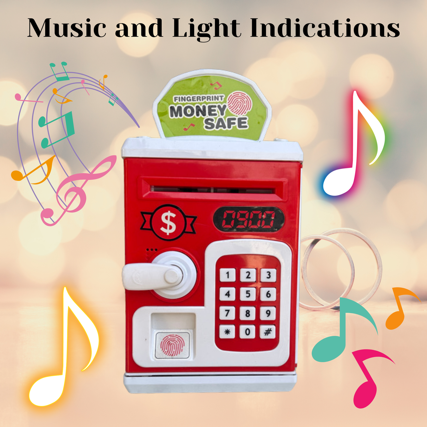 Toylicious Kids Money Safe ATM & Piggy Bank | Fingerprint Sensor & Password Protection for Coins & Rupee Notes (Red)