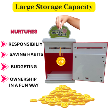 Toylicious Kids Money Safe ATM & Piggy Bank | Fingerprint Sensor & Password Protection for Coins & Rupee Notes (Red)