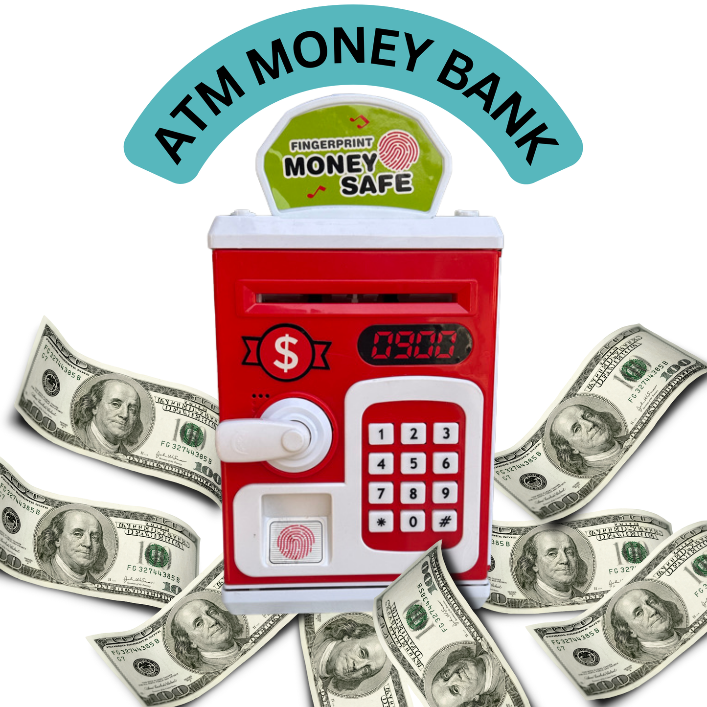 Toylicious Kids Money Safe ATM & Piggy Bank | Fingerprint Sensor & Password Protection for Coins & Rupee Notes (Red)