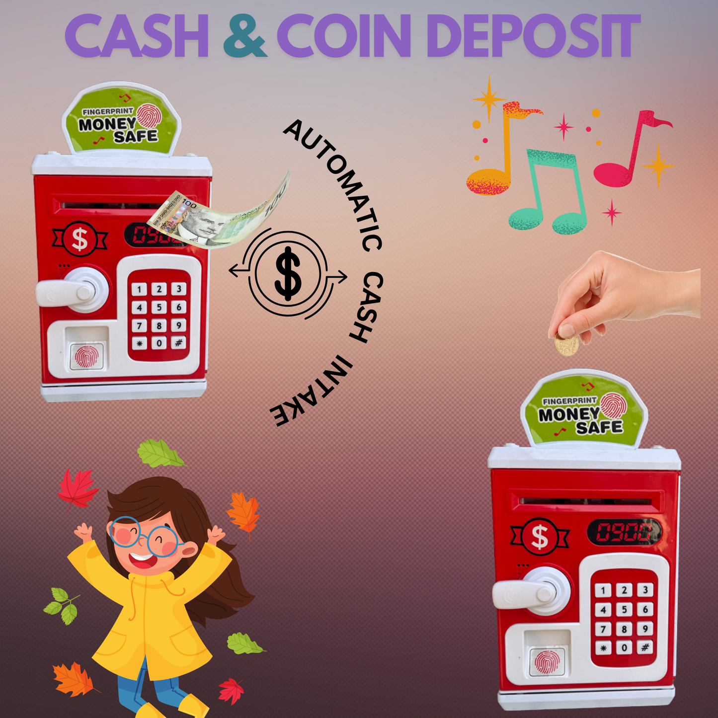 Toylicious Kids Money Safe ATM & Piggy Bank | Fingerprint Sensor & Password Protection for Coins & Rupee Notes (Red)