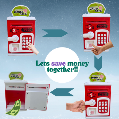 Toylicious Kids Money Safe ATM & Piggy Bank | Fingerprint Sensor & Password Protection for Coins & Rupee Notes (Red)