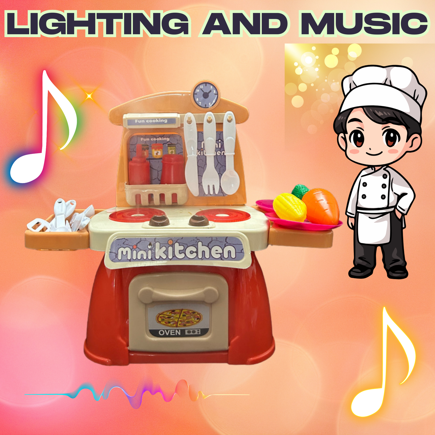 Toylicious Kids 26-Piece Mini Kitchen Playset with Realistic Lights, Sounds & Steam