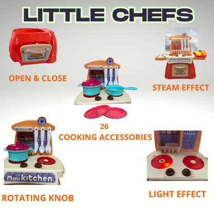Toylicious Kids 26-Piece Mini Kitchen Playset with Realistic Lights, Sounds & Steam