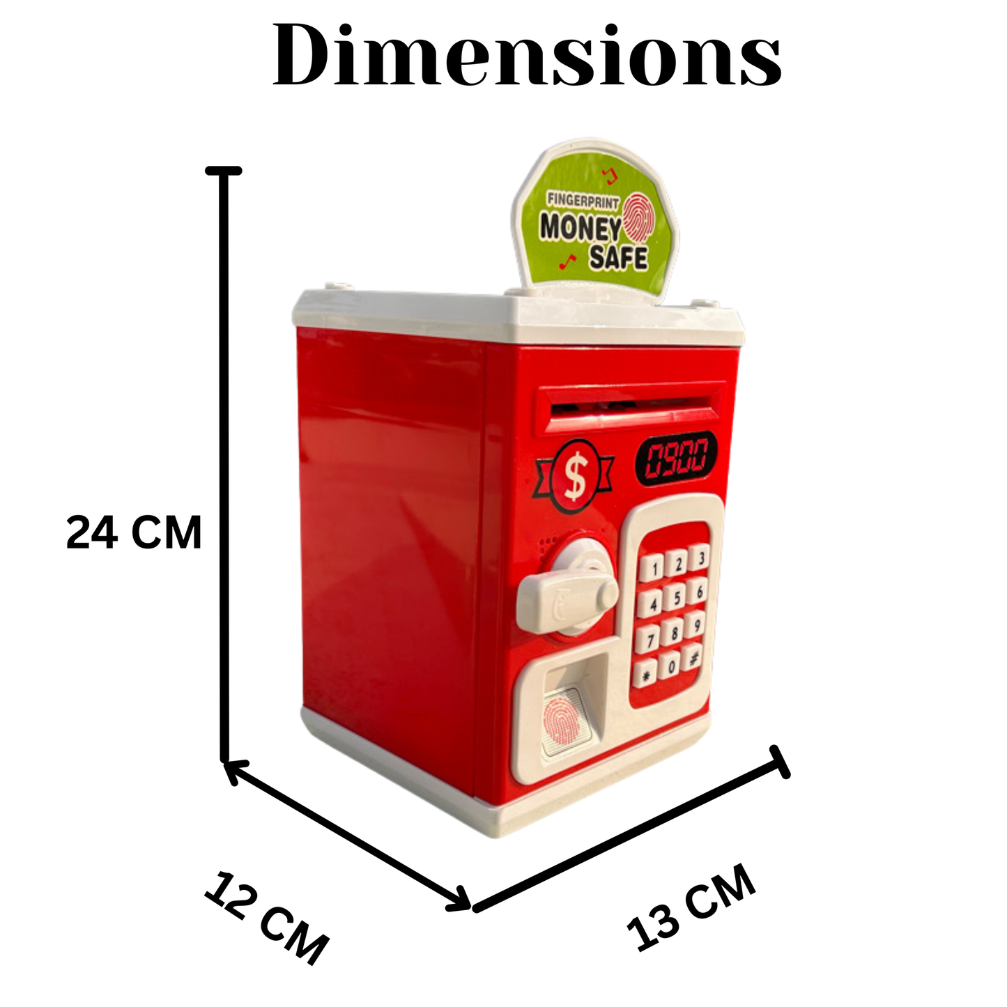 Toylicious Kids Money Safe ATM & Piggy Bank | Fingerprint Sensor & Password Protection for Coins & Rupee Notes (Red)