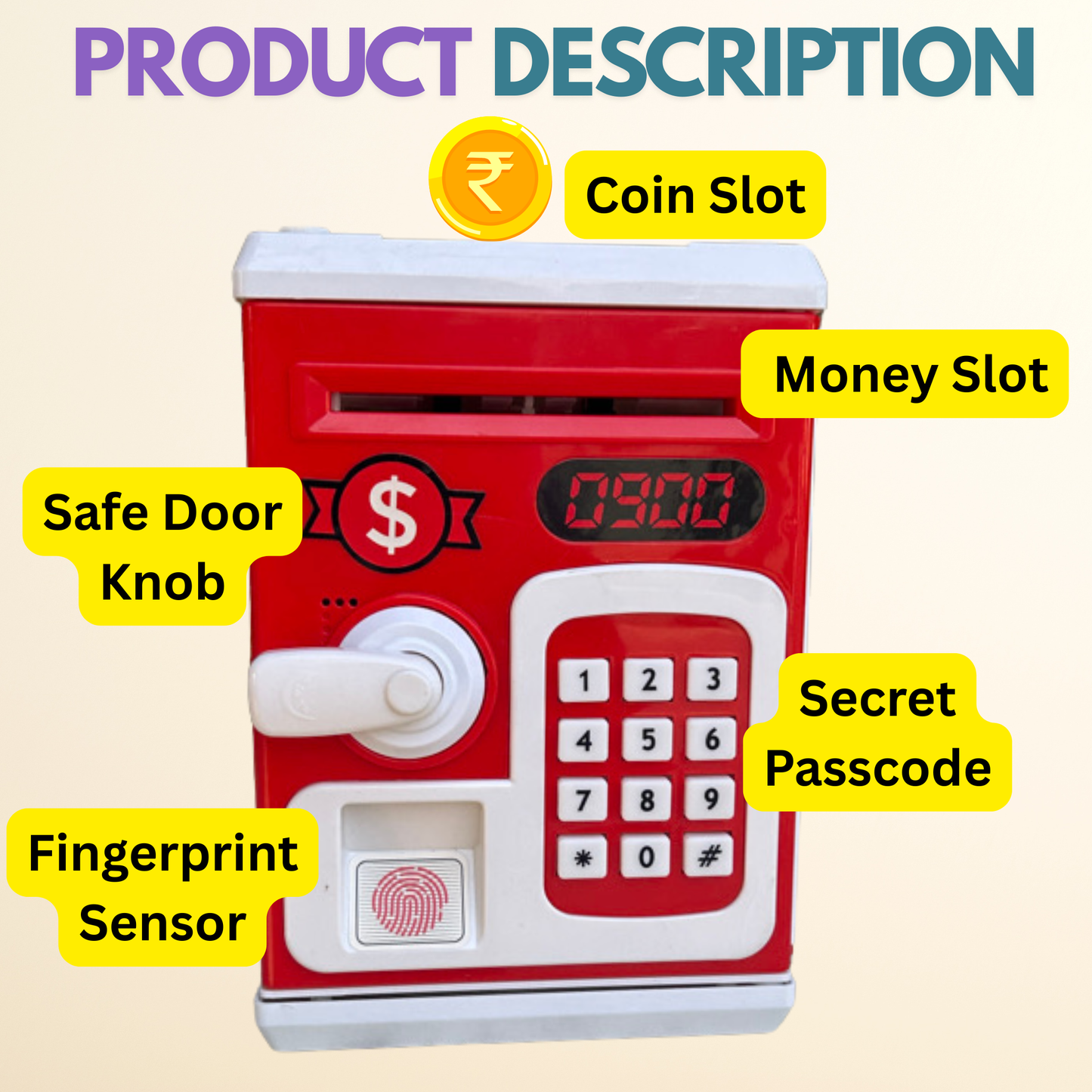 Toylicious Kids Money Safe ATM & Piggy Bank | Fingerprint Sensor & Password Protection for Coins & Rupee Notes (Red)